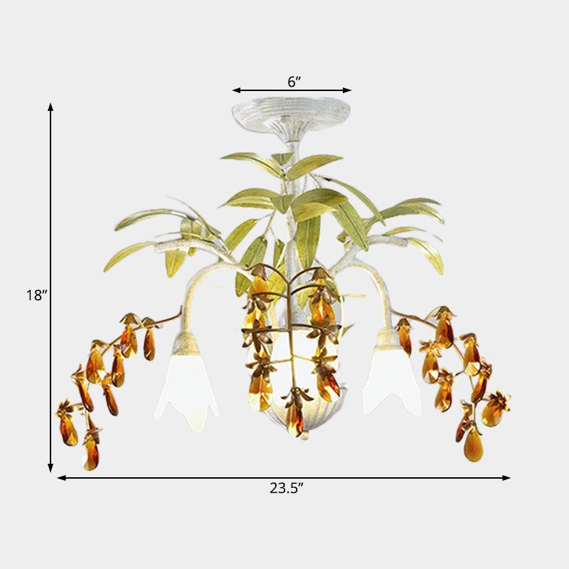 Rustic Flower Chandelier Light 3/6 Lights White Glass Hanging Light with Amber Crystal Decoration Clearhalo 'Ceiling Lights' 'Chandeliers' 'Close To Ceiling Lights' 'Glass shade' 'Glass' Lighting' 227884