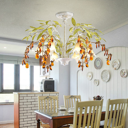 Rustic Flower Chandelier Light 3/6 Lights White Glass Hanging Light with Amber Crystal Decoration 6 White Clearhalo 'Ceiling Lights' 'Chandeliers' 'Close To Ceiling Lights' 'Glass shade' 'Glass' Lighting' 227885