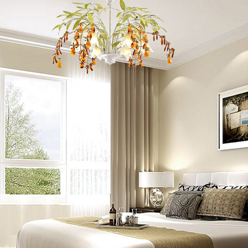 Rustic Flower Chandelier Light 3/6 Lights White Glass Hanging Light with Amber Crystal Decoration Clearhalo 'Ceiling Lights' 'Chandeliers' 'Close To Ceiling Lights' 'Glass shade' 'Glass' Lighting' 227886
