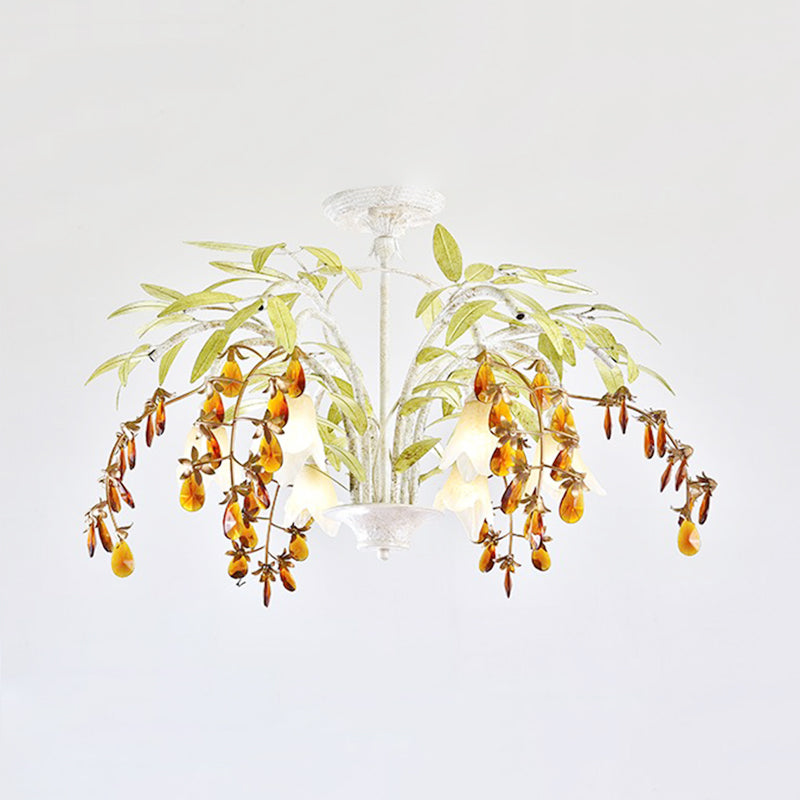 Rustic Flower Chandelier Light 3/6 Lights White Glass Hanging Light with Amber Crystal Decoration Clearhalo 'Ceiling Lights' 'Chandeliers' 'Close To Ceiling Lights' 'Glass shade' 'Glass' Lighting' 227887