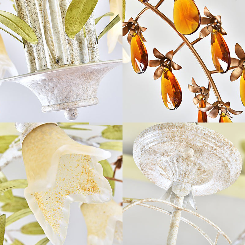 Rustic Flower Chandelier Light 3/6 Lights White Glass Hanging Light with Amber Crystal Decoration Clearhalo 'Ceiling Lights' 'Chandeliers' 'Close To Ceiling Lights' 'Glass shade' 'Glass' Lighting' 227889