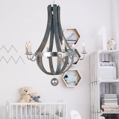 6 Lights Empire Shape Chandelier Lamp Traditional Blue/White Wood Hanging Light Fixture Blue Clearhalo 'Ceiling Lights' 'Chandeliers' Lighting' options 227946_a515de0e-d2ee-4542-90af-5a3820479b23
