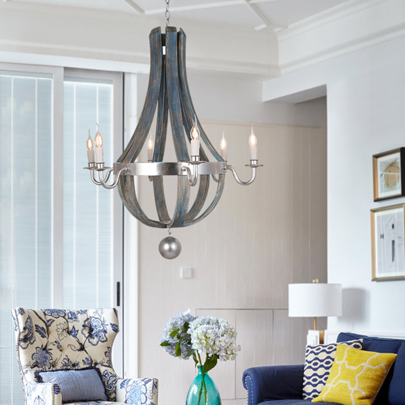 6 Lights Empire Shape Chandelier Lamp Traditional Blue/White Wood Hanging Light Fixture Clearhalo 'Ceiling Lights' 'Chandeliers' Lighting' options 227947