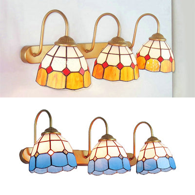 3 Heads Bedroom Sconce Light Tiffany Gold Wall Mount Light with Dome Yellow/Blue Glass Shade Clearhalo 'Industrial' 'Middle century wall lights' 'Tiffany wall lights' 'Tiffany' 'Wall Lamps & Sconces' 'Wall Lights' Lighting' 22794