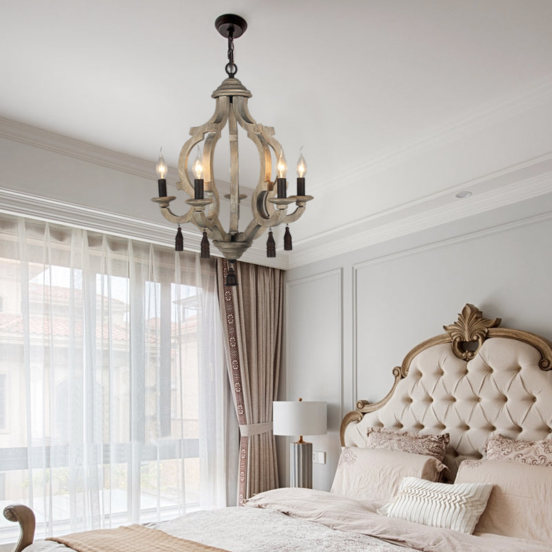 5 Lights Wood Ceiling Light Traditional Dark Wood/Wood/White Lantern Bedroom Chandelier Light Clearhalo 'Ceiling Lights' 'Chandeliers' Lighting' options 227950