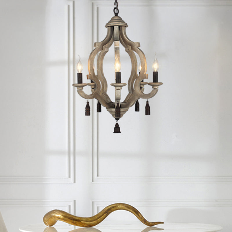 5 Lights Wood Ceiling Light Traditional Dark Wood/Wood/White Lantern Bedroom Chandelier Light Clearhalo 'Ceiling Lights' 'Chandeliers' Lighting' options 227951