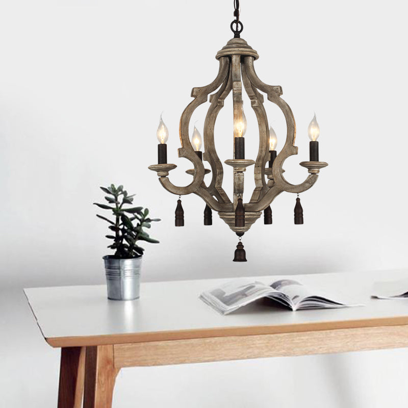 5 Lights Wood Ceiling Light Traditional Dark Wood/Wood/White Lantern Bedroom Chandelier Light Clearhalo 'Ceiling Lights' 'Chandeliers' Lighting' options 227956