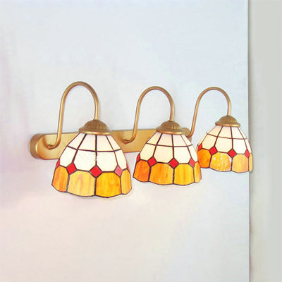 3 Heads Bedroom Sconce Light Tiffany Gold Wall Mount Light with Dome Yellow/Blue Glass Shade Yellow Clearhalo 'Industrial' 'Middle century wall lights' 'Tiffany wall lights' 'Tiffany' 'Wall Lamps & Sconces' 'Wall Lights' Lighting' 22795