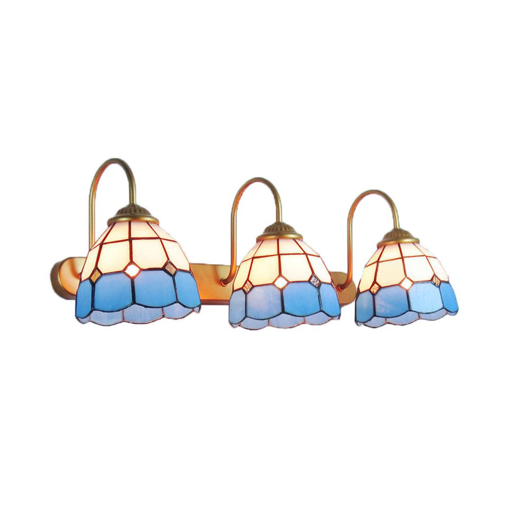 3 Heads Bedroom Sconce Light Tiffany Gold Wall Mount Light with Dome Yellow/Blue Glass Shade Blue Clearhalo 'Industrial' 'Middle century wall lights' 'Tiffany wall lights' 'Tiffany' 'Wall Lamps & Sconces' 'Wall Lights' Lighting' 22796