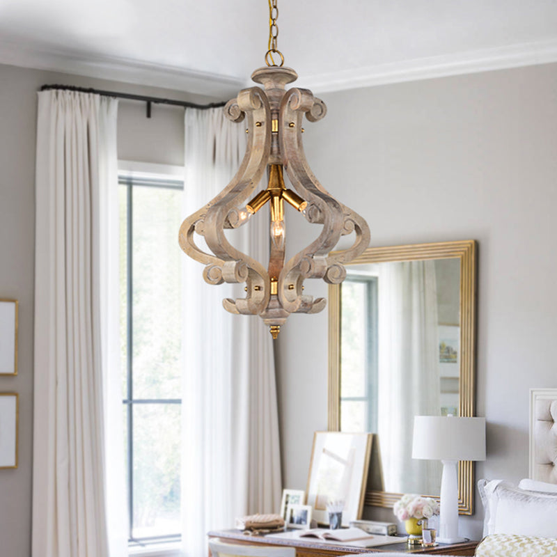 4 Lights Beige/White Chandelier Lamp Traditional Wood Lantern Bedroom Hanging Ceiling Light Clearhalo 'Ceiling Lights' 'Chandeliers' Lighting' options 227962