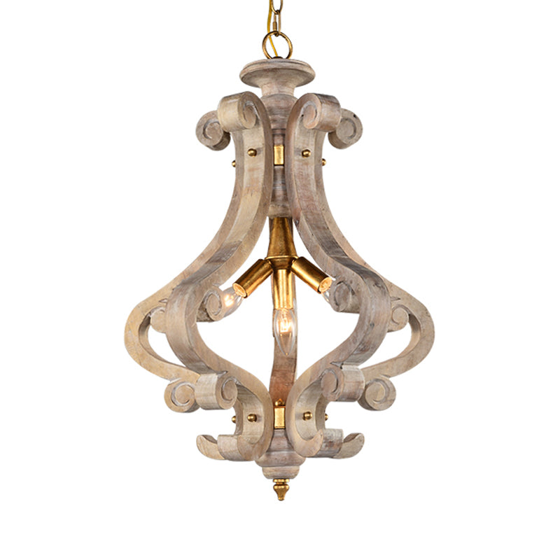 4 Lights Beige/White Chandelier Lamp Traditional Wood Lantern Bedroom Hanging Ceiling Light Clearhalo 'Ceiling Lights' 'Chandeliers' Lighting' options 227963