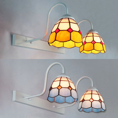2 Heads Grid Patterned Wall Mounted Light Tiffany Blue/Yellow Glass Vanity Sconce Light Clearhalo 'Industrial' 'Middle century wall lights' 'Tiffany wall lights' 'Tiffany' 'Wall Lamps & Sconces' 'Wall Lights' Lighting' 22797
