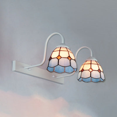 2 Heads Grid Patterned Wall Mounted Light Tiffany Blue/Yellow Glass Vanity Sconce Light Blue Clearhalo 'Industrial' 'Middle century wall lights' 'Tiffany wall lights' 'Tiffany' 'Wall Lamps & Sconces' 'Wall Lights' Lighting' 22798