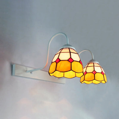 2 Heads Grid Patterned Wall Mounted Light Tiffany Blue/Yellow Glass Vanity Sconce Light Yellow Clearhalo 'Industrial' 'Middle century wall lights' 'Tiffany wall lights' 'Tiffany' 'Wall Lamps & Sconces' 'Wall Lights' Lighting' 22799