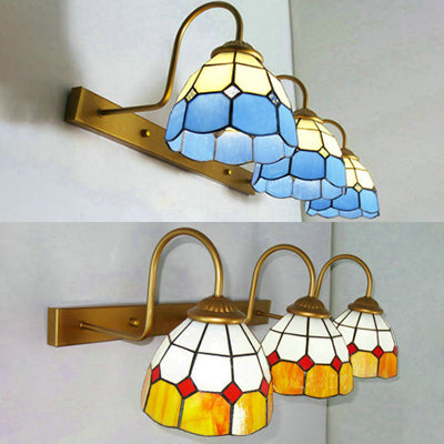 Dome Vanity Sconce Light Fixture Baroque Blue/Yellow Glass 3 Head Gold Wall Mounted Light Clearhalo 'Industrial' 'Middle century wall lights' 'Tiffany wall lights' 'Tiffany' 'Wall Lamps & Sconces' 'Wall Lights' Lighting' 22800