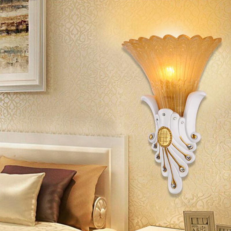 Flower Bedside Wall Light Fixture Traditional White/Yellow Glass 1 Light Sconce Light with Diamond Accent Clearhalo 'Wall Lamps & Sconces' 'Wall Lights' Lighting' 228015