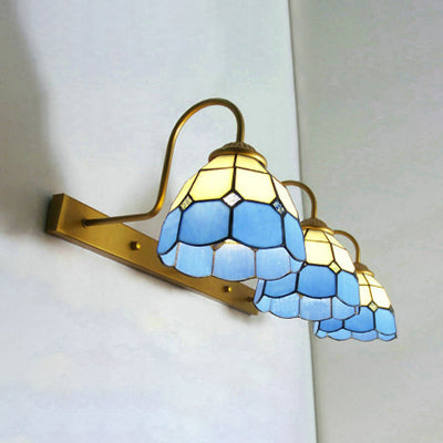 Dome Vanity Sconce Light Fixture Baroque Blue/Yellow Glass 3 Head Gold Wall Mounted Light Blue Clearhalo 'Industrial' 'Middle century wall lights' 'Tiffany wall lights' 'Tiffany' 'Wall Lamps & Sconces' 'Wall Lights' Lighting' 22801