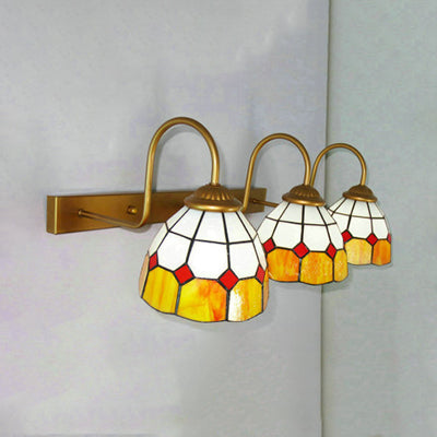 Dome Vanity Sconce Light Fixture Baroque Blue/Yellow Glass 3 Head Gold Wall Mounted Light Yellow Clearhalo 'Industrial' 'Middle century wall lights' 'Tiffany wall lights' 'Tiffany' 'Wall Lamps & Sconces' 'Wall Lights' Lighting' 22802