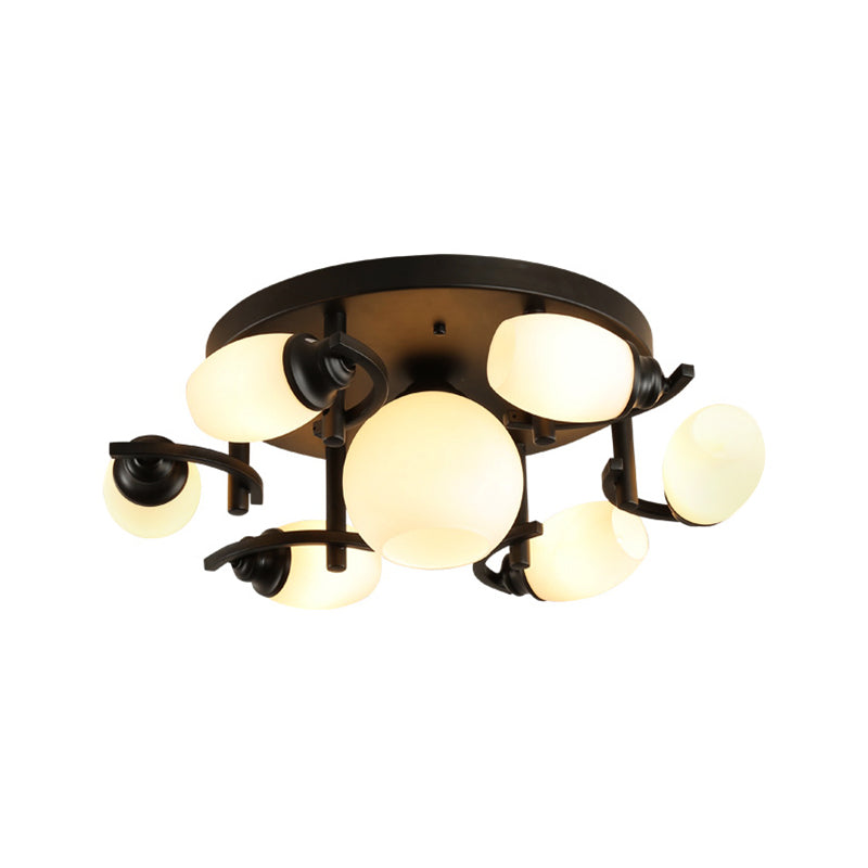 Oval White Glass Semi Flush Traditional 3/5/7 Lights Living Room Ceiling Light Fixture in Black Clearhalo 'Ceiling Lights' 'Close To Ceiling Lights' 'Close to ceiling' 'Glass shade' 'Glass' 'Semi-flushmount' Lighting' 228021