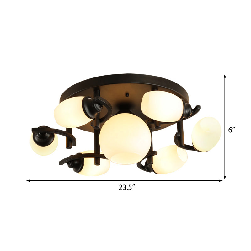 Oval White Glass Semi Flush Traditional 3/5/7 Lights Living Room Ceiling Light Fixture in Black Clearhalo 'Ceiling Lights' 'Close To Ceiling Lights' 'Close to ceiling' 'Glass shade' 'Glass' 'Semi-flushmount' Lighting' 228022