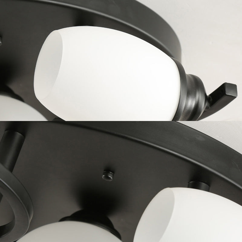 Oval White Glass Semi Flush Traditional 3/5/7 Lights Living Room Ceiling Light Fixture in Black Clearhalo 'Ceiling Lights' 'Close To Ceiling Lights' 'Close to ceiling' 'Glass shade' 'Glass' 'Semi-flushmount' Lighting' 228023