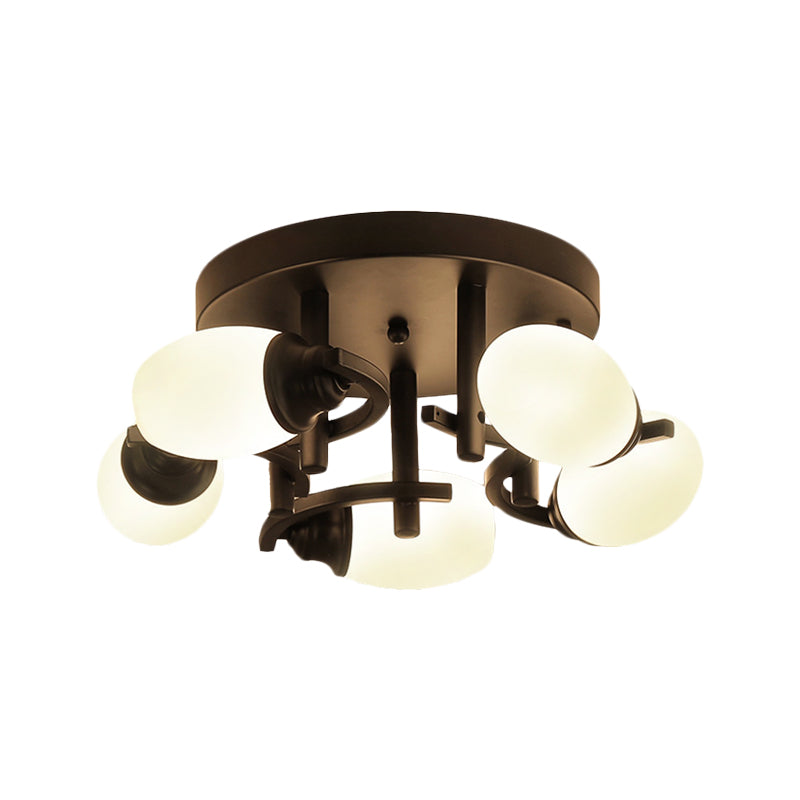 Oval White Glass Semi Flush Traditional 3/5/7 Lights Living Room Ceiling Light Fixture in Black Clearhalo 'Ceiling Lights' 'Close To Ceiling Lights' 'Close to ceiling' 'Glass shade' 'Glass' 'Semi-flushmount' Lighting' 228025