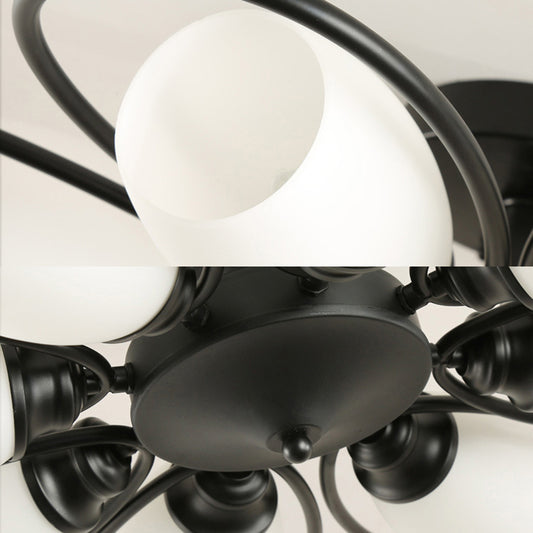 3/6/8 Lights Semi Flush Mount Traditional Flower Shape White Glass Ceiling Light in Black for Living Room Clearhalo 'Ceiling Lights' 'Close To Ceiling Lights' 'Close to ceiling' 'Glass shade' 'Glass' 'Semi-flushmount' Lighting' 228034
