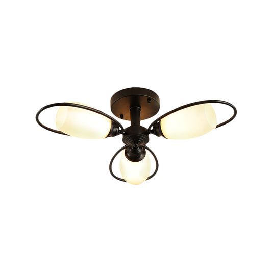 3/6/8 Lights Semi Flush Mount Traditional Flower Shape White Glass Ceiling Light in Black for Living Room Clearhalo 'Ceiling Lights' 'Close To Ceiling Lights' 'Close to ceiling' 'Glass shade' 'Glass' 'Semi-flushmount' Lighting' 228038