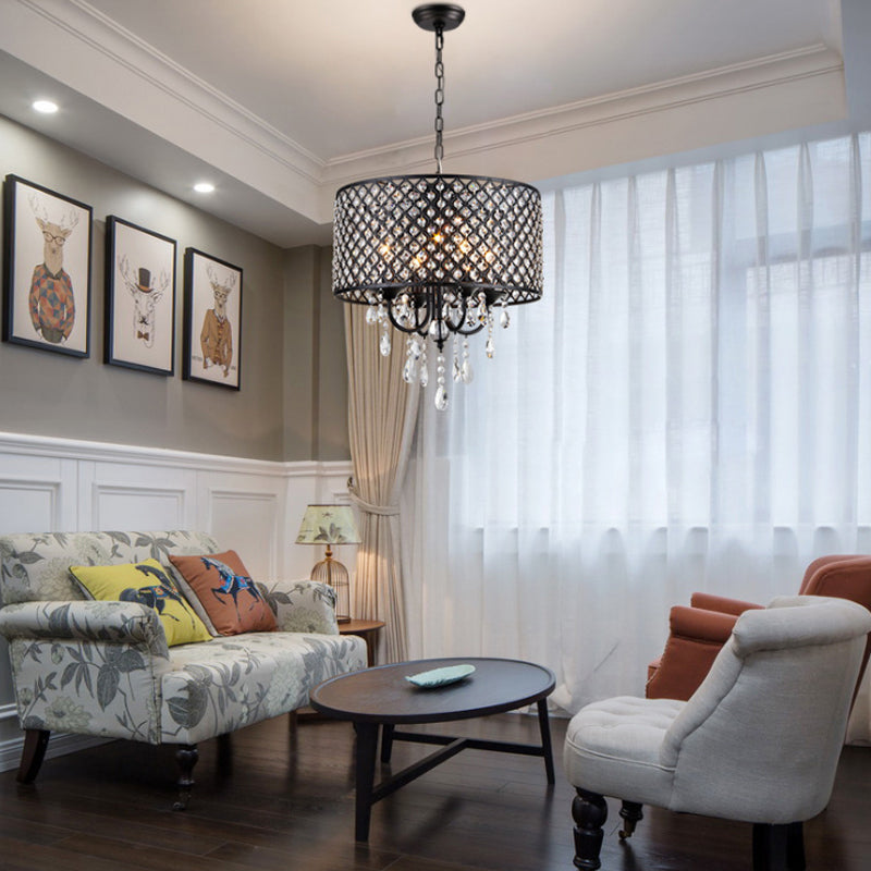 Crystal Black/Chrome Pendant Lamp Drum Shaped 4 Lights Rustic Chandelier Light Fixture for Dining Room Clearhalo 'Ceiling Lights' 'Chandeliers' Lighting' options 228076