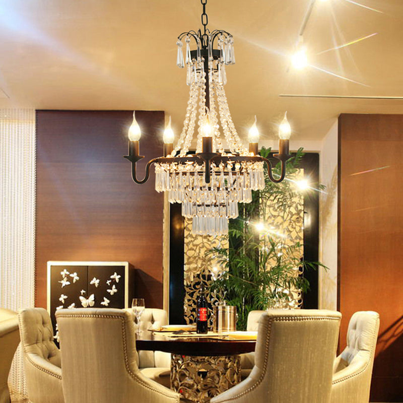 5 Lights Crystal Empire Chandelier Light Country Black Exposed Bulb Living Room Pendant Lighting Black Clearhalo 'Ceiling Lights' 'Chandeliers' Lighting' options 228083_964e3de7-ef5c-4bf3-b8db-6fac3cde96e5