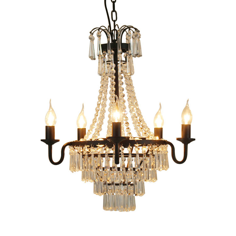 5 Lights Crystal Empire Chandelier Light Country Black Exposed Bulb Living Room Pendant Lighting Clearhalo 'Ceiling Lights' 'Chandeliers' Lighting' options 228085