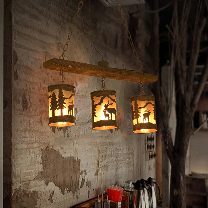 Cylinder Island Chandelier Light with Metal and Fabric Shade 3/5/6 Lights Vintage Hanging Lamp in Rust 3 Brown Clearhalo 'Ceiling Lights' 'Chandeliers' Lighting' options 228088_b09137d3-b0ef-4198-b023-0ab17ecd9418