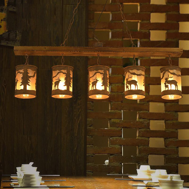 Cylinder Island Chandelier Light with Metal and Fabric Shade 3/5/6 Lights Vintage Hanging Lamp in Rust 5 Brown Clearhalo 'Ceiling Lights' 'Chandeliers' Lighting' options 228092_32b78236-cd8b-44b7-9c1f-7e72b88251ab