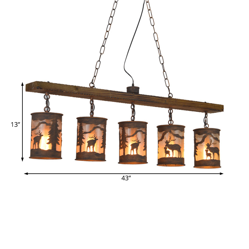 Cylinder Island Chandelier Light with Metal and Fabric Shade 3/5/6 Lights Vintage Hanging Lamp in Rust Clearhalo 'Ceiling Lights' 'Chandeliers' Lighting' options 228095