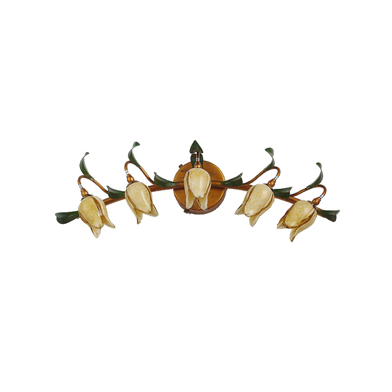 Yellow Flower Vanity Sconce Rustic Glass 3/5 Lights Bathroom Wall Light Fixture with Gold Swirled Arm Clearhalo 'Vanity Lights' 'Wall Lights' Lighting' 228128