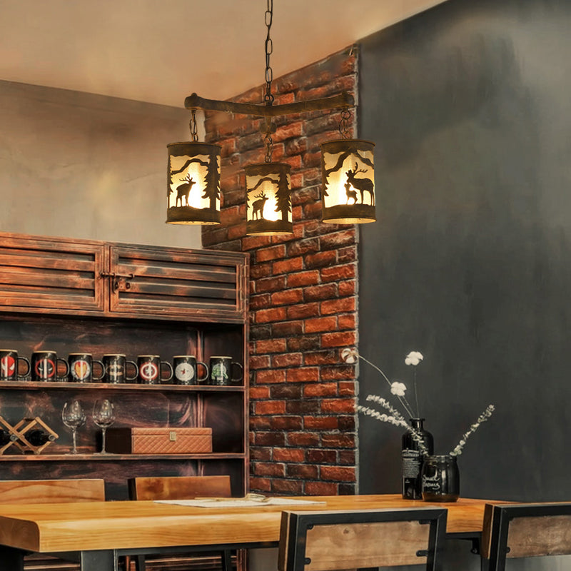 Cylinder Metal and Fabric Chandelier Light Rustic 3/6/9 Lights Dining Room Pendant Lighting in Brown with Deer Pattern 3 Brown Clearhalo 'Ceiling Lights' 'Chandeliers' Lighting' options 228130_b976f76e-f046-430c-a7ef-875a12397a94
