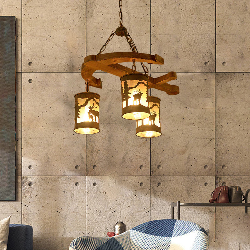 Cylinder Living Room Chandelier Rustic Wood 3 Lights Brown Hanging Fixture with Anchor Accents Brown Clearhalo 'Ceiling Lights' 'Chandeliers' Lighting' options 228142_30aabfbe-b429-4627-a187-a62b4a2b437c
