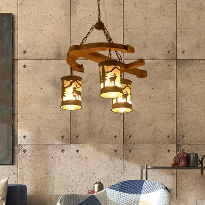 Cylinder Living Room Chandelier Rustic Wood 3 Lights Brown Hanging Fixture with Anchor Accents Brown Clearhalo 'Ceiling Lights' 'Chandeliers' Lighting' options 228142_30aabfbe-b429-4627-a187-a62b4a2b437c