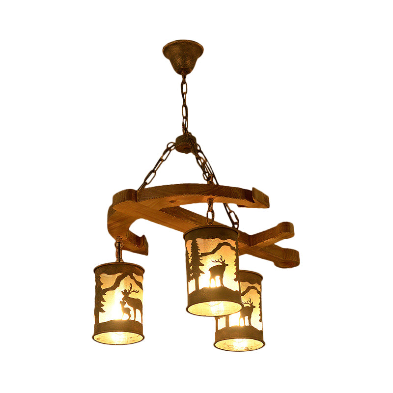 Cylinder Living Room Chandelier Rustic Wood 3 Lights Brown Hanging Fixture with Anchor Accents Clearhalo 'Ceiling Lights' 'Chandeliers' Lighting' options 228144