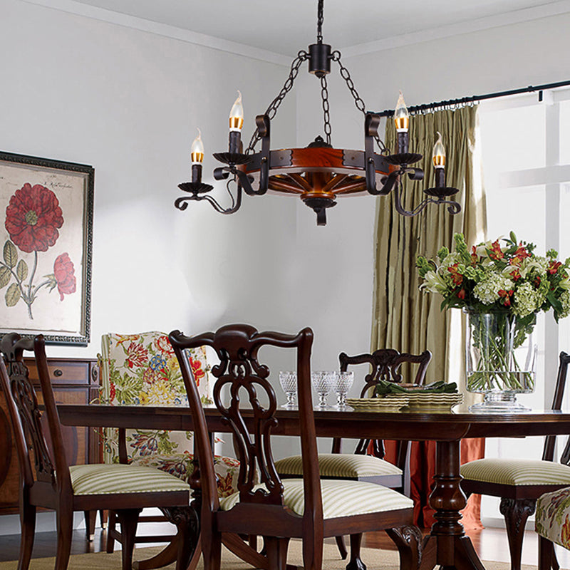 Red Brown Candle Chandelier Lamp Country Wood 3/5/6 Lights Dining Room Hanging Light Clearhalo 'Ceiling Lights' 'Chandeliers' Lighting' options 228162