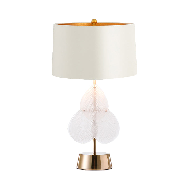 Drum Glass Table Lamp Vintage 1 Light Bedside Nightstand Lamp in White/Gold Fininsh with Crystal Leaf Decoration Clearhalo 'Lamps' 'Table Lamps' Lighting' 228172
