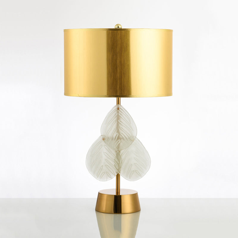 Drum Glass Table Lamp Vintage 1 Light Bedside Nightstand Lamp in White/Gold Fininsh with Crystal Leaf Decoration Clearhalo 'Lamps' 'Table Lamps' Lighting' 228176