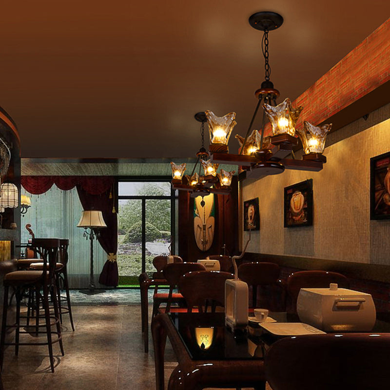 Wood Flower Shaped Hanging Chandelier Rustic 4/6 Lights Dining Room Pendant Light in Red Brown with Tan Textured Glass Clearhalo 'Ceiling Lights' 'Chandeliers' Lighting' options 228178