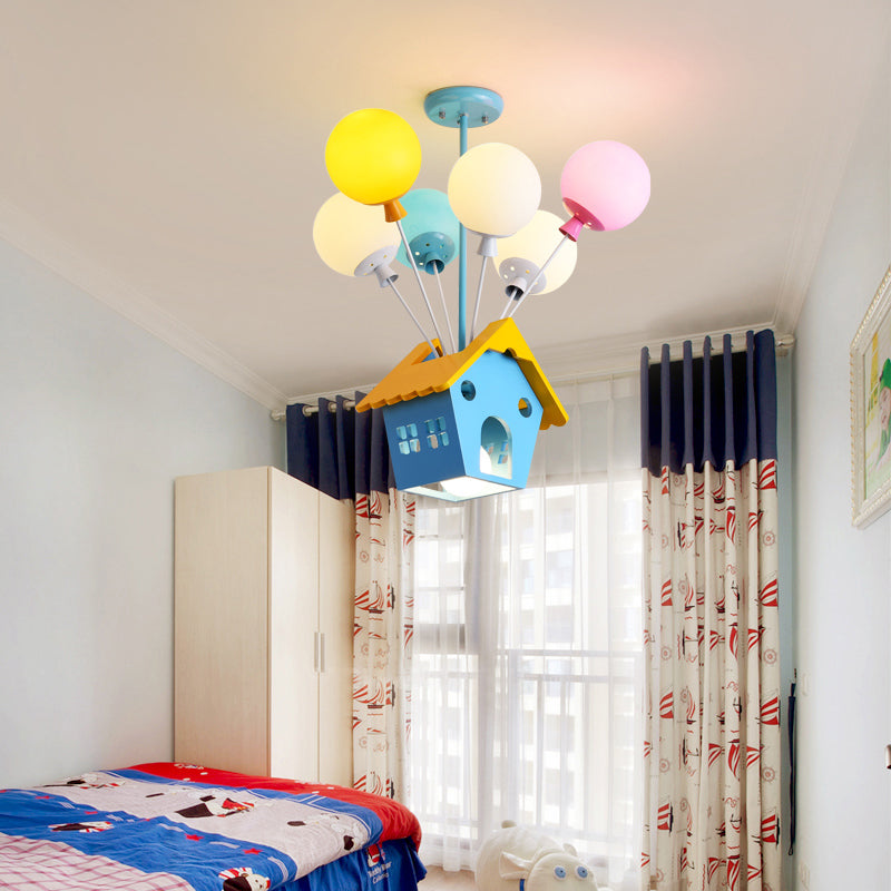 Blue Balloon House Hanging Lamp Cartoon 6 Bulbs Wooden Chandelier with Multi-Colored Glass Shade Clearhalo 'Ceiling Lights' 'Chandeliers' Lighting' options 2282310