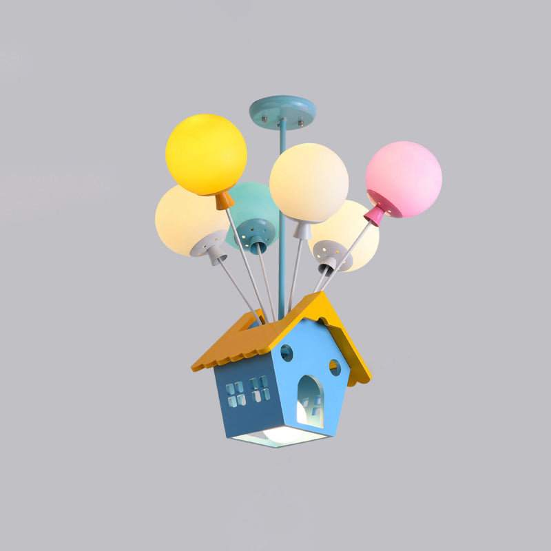 Blue Balloon House Hanging Lamp Cartoon 6 Bulbs Wooden Chandelier with Multi-Colored Glass Shade Clearhalo 'Ceiling Lights' 'Chandeliers' Lighting' options 2282311