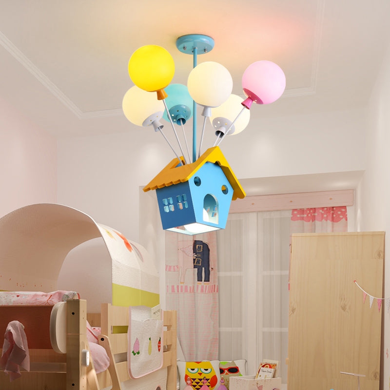 Blue Balloon House Hanging Lamp Cartoon 6 Bulbs Wooden Chandelier with Multi-Colored Glass Shade Clearhalo 'Ceiling Lights' 'Chandeliers' Lighting' options 2282312