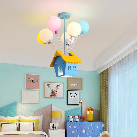 Blue Balloon House Hanging Lamp Cartoon 6 Bulbs Wooden Chandelier with Multi-Colored Glass Shade Clearhalo 'Ceiling Lights' 'Chandeliers' Lighting' options 2282313