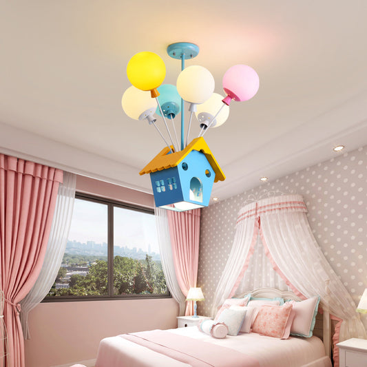 Blue Balloon House Hanging Lamp Cartoon 6 Bulbs Wooden Chandelier with Multi-Colored Glass Shade Clearhalo 'Ceiling Lights' 'Chandeliers' Lighting' options 2282314
