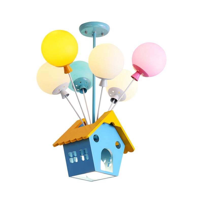 Blue Balloon House Hanging Lamp Cartoon 6 Bulbs Wooden Chandelier with Multi-Colored Glass Shade Clearhalo 'Ceiling Lights' 'Chandeliers' Lighting' options 2282315