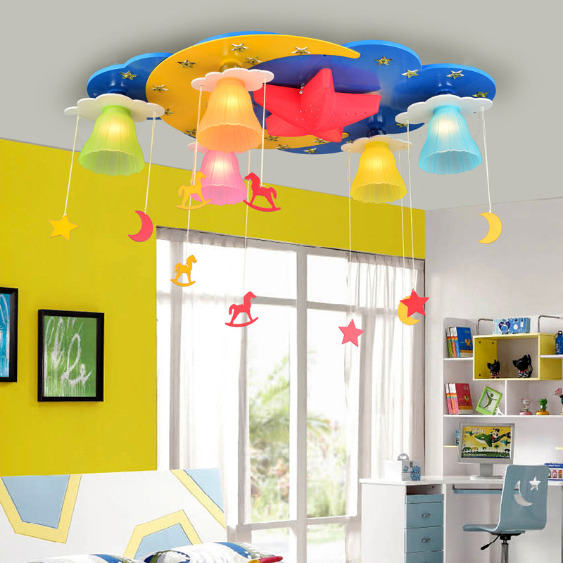 Kids Room LED Semi Flush Mounted Light Cartoon Ceiling Fixture with Bell Multi-Color Glass Shade Blue Clearhalo 'Ceiling Lights' 'Close To Ceiling Lights' 'Close to ceiling' 'Glass shade' 'Glass' 'Semi-flushmount' Lighting' 2282370
